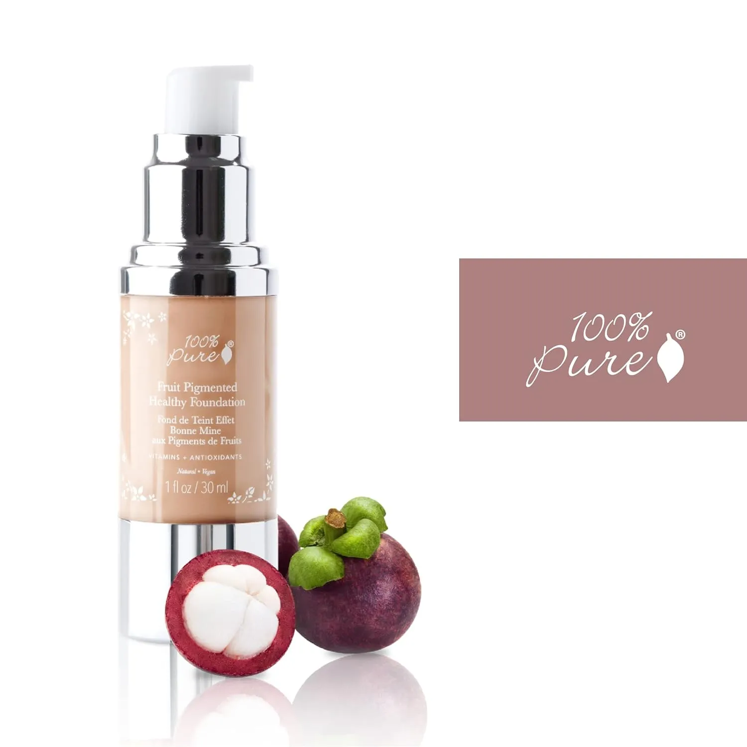 100% PURE Healthy Foundation Full Face Coverage Makeup, Liquid Matte Finish with Anti-Aging Benefits - Vegan Gorgeous Fruit Pigmented Sand Color (Light Medium with Neutral Undertone) - 1 Fl Oz