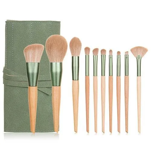 10pcs Nature Wood Handle Makeup Brushes Set With Green Pineapple Bag