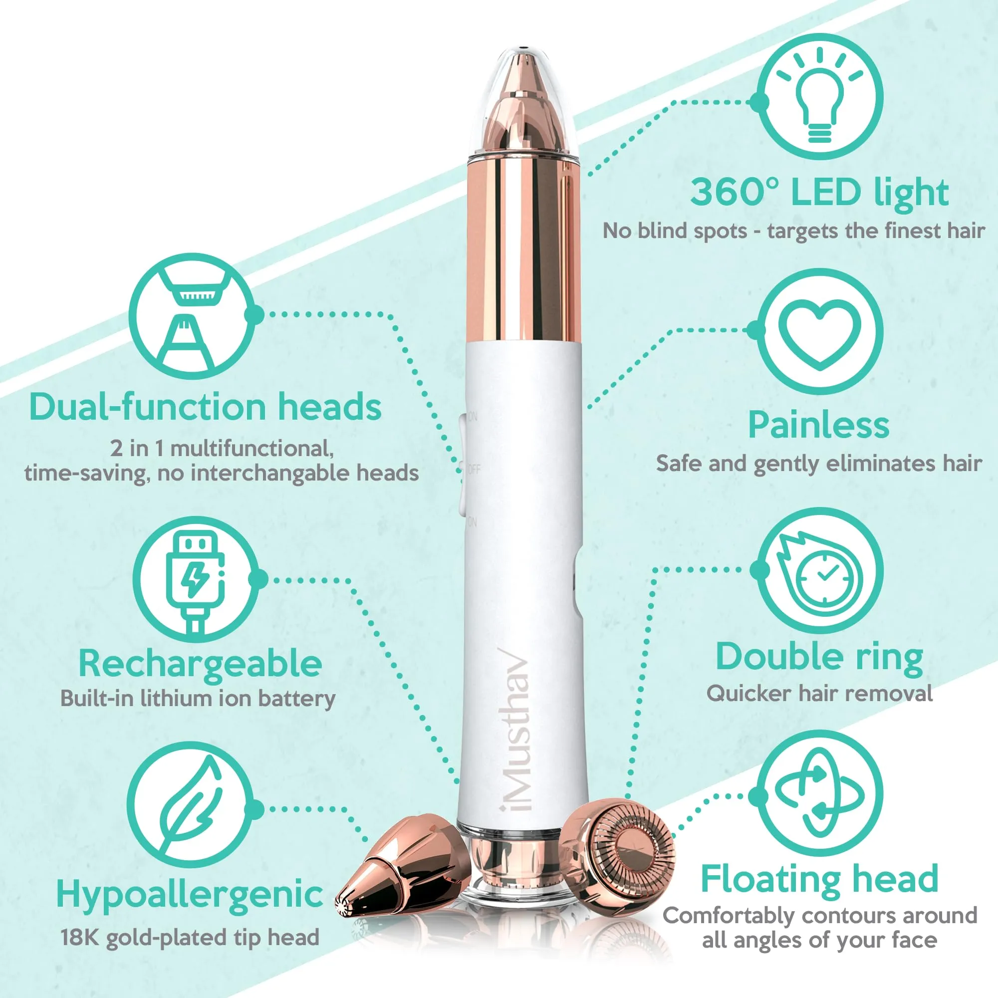 2-in-1 Portable Rechargeable Painless Eyebrow Trimmer & Facial Hair Remover, removes eyebrow, face, lips and body hair for women. 18K gold plated hypoallergenic heads, 360° LED light for Hair Remover