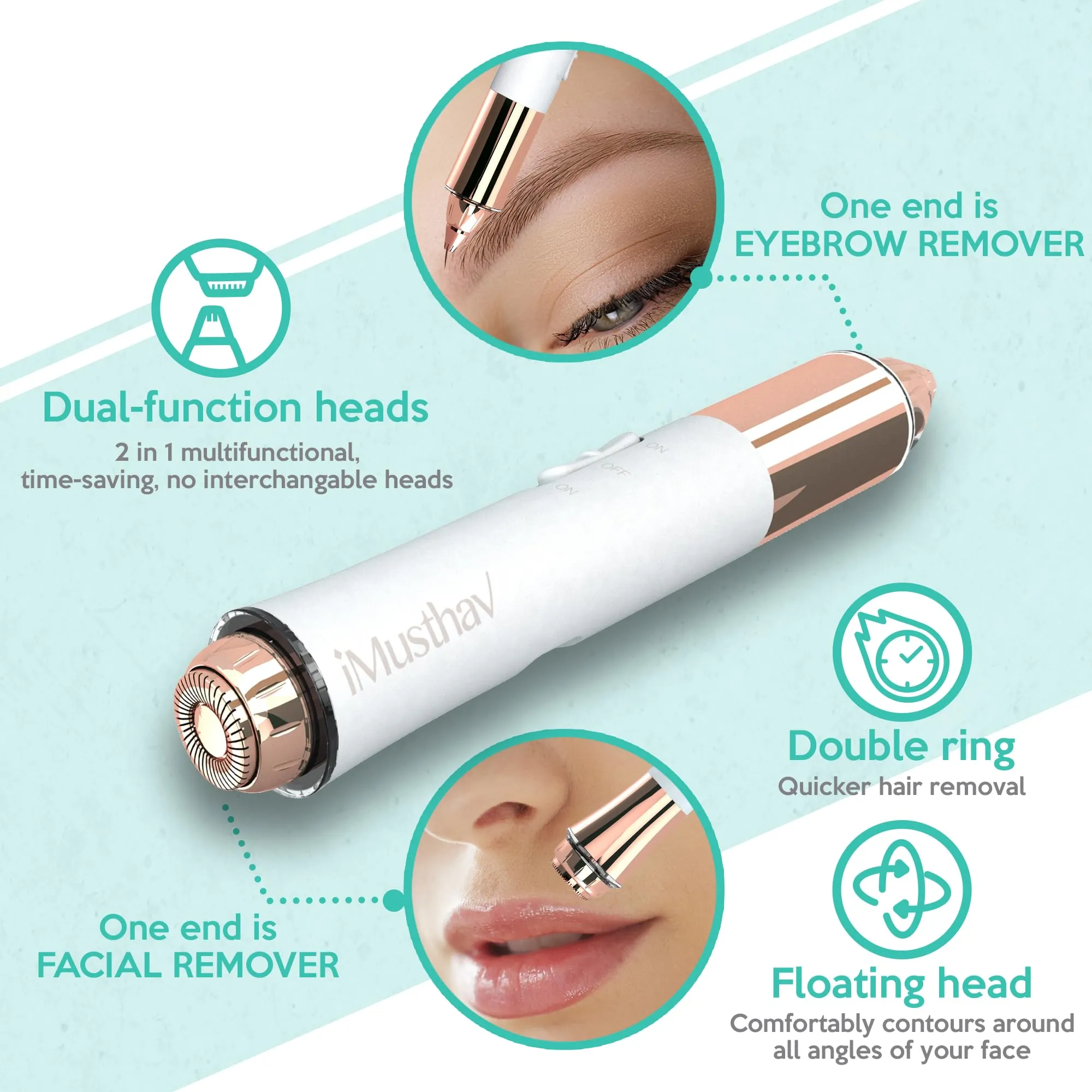 2-in-1 Portable Rechargeable Painless Eyebrow Trimmer & Facial Hair Remover, removes eyebrow, face, lips and body hair for women. 18K gold plated hypoallergenic heads, 360° LED light for Hair Remover
