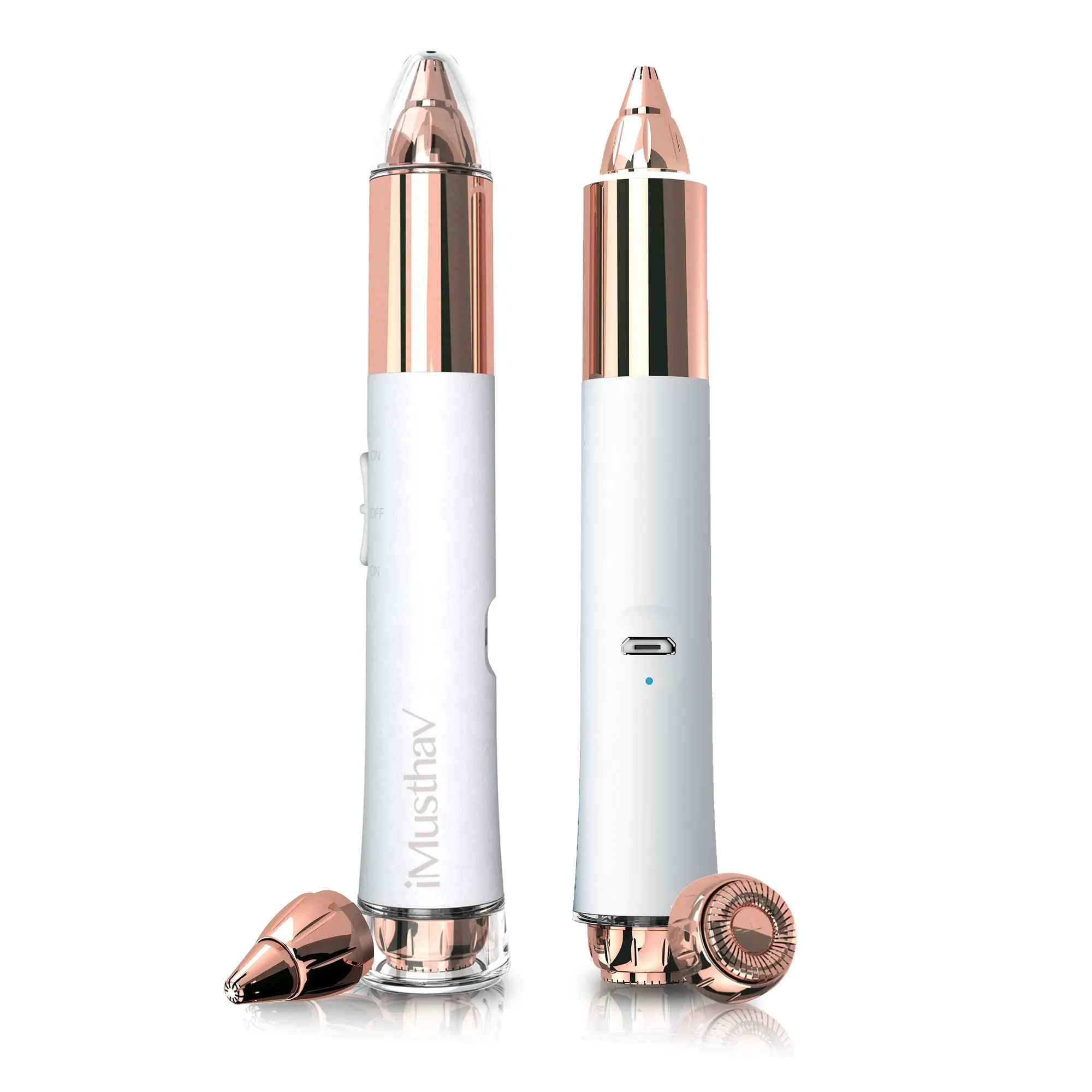 2-in-1 Portable Rechargeable Painless Eyebrow Trimmer & Facial Hair Remover, removes eyebrow, face, lips and body hair for women. 18K gold plated hypoallergenic heads, 360° LED light for Hair Remover