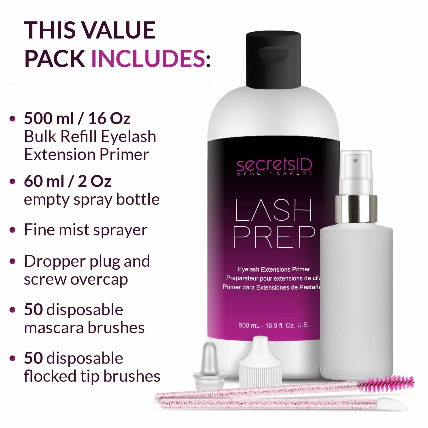 3 in 1 Eyelash Extension Primer Bulk 16 Oz - No Rinse Lash Cleanser and Bonder - Made in America Kit with 100 Wands for Lash Technicians and Brow Stylists for Optimal Retention - Bubble Gum Scent