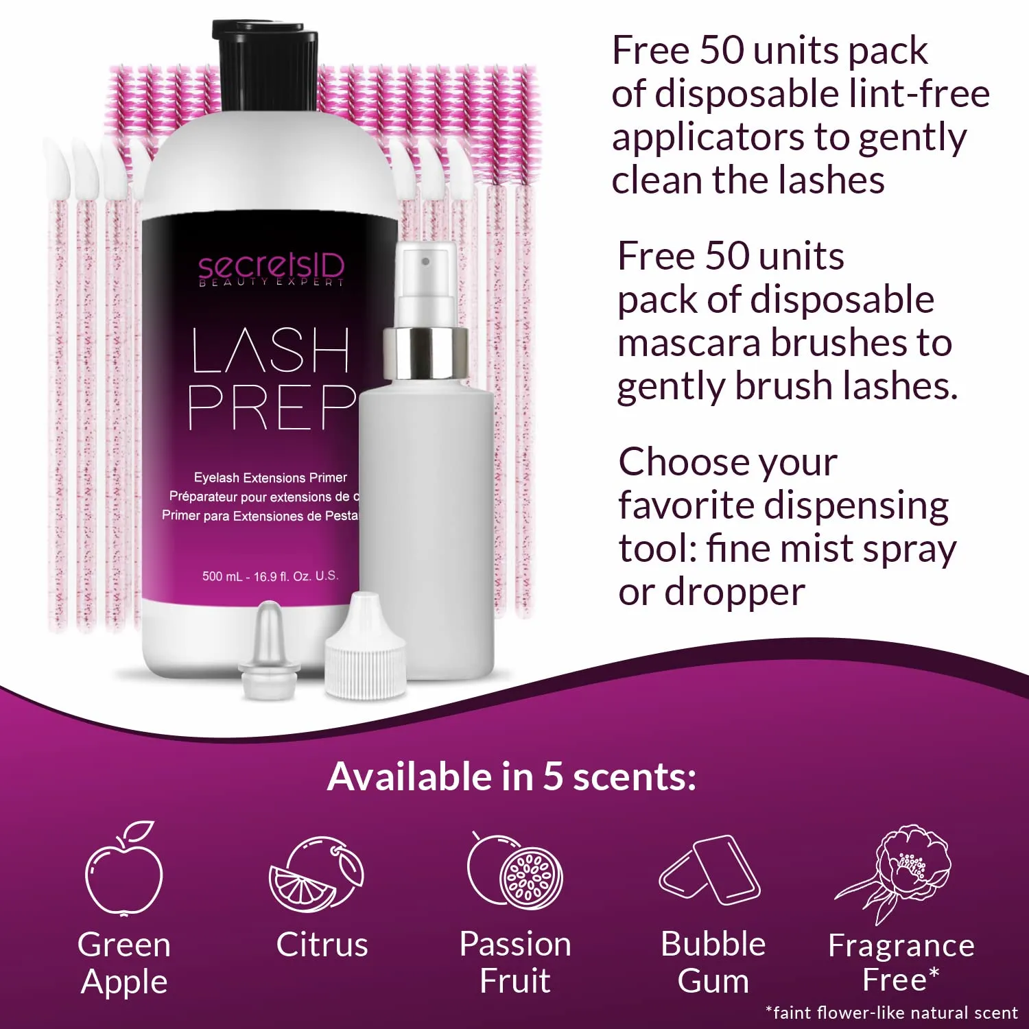 3 in 1 Eyelash Extension Primer Bulk 16 Oz - No Rinse Lash Cleanser and Bonder - Made in America Kit with 100 Wands for Lash Technicians and Brow Stylists for Optimal Retention - Bubble Gum Scent