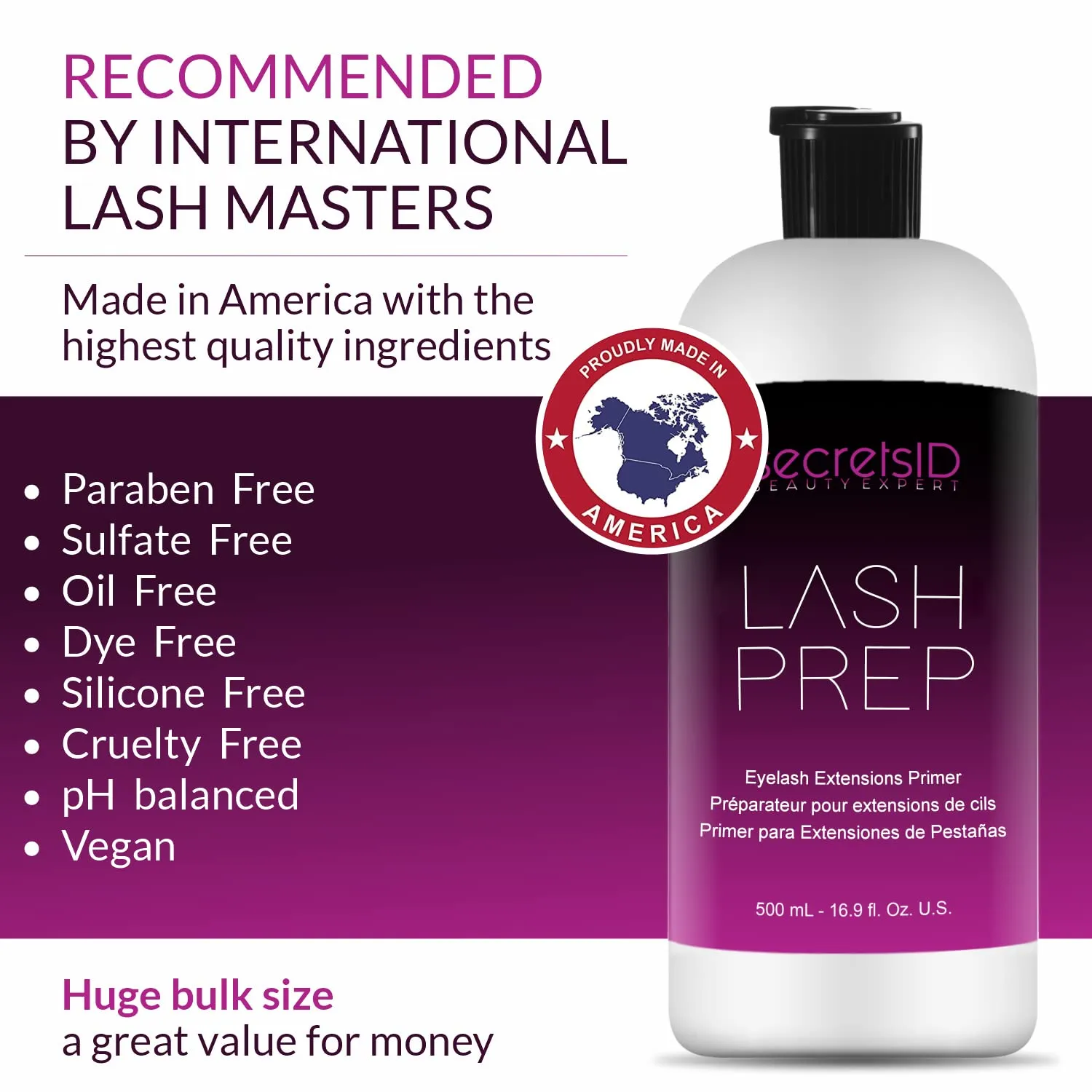 3 in 1 Eyelash Extension Primer Bulk 16 Oz - No Rinse Lash Cleanser and Bonder - Made in America Kit with 100 Wands for Lash Technicians and Brow Stylists for Optimal Retention - Bubble Gum Scent