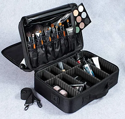 3 Layers Large Capacity Makeup Case with Adjustable Compartment (Black)