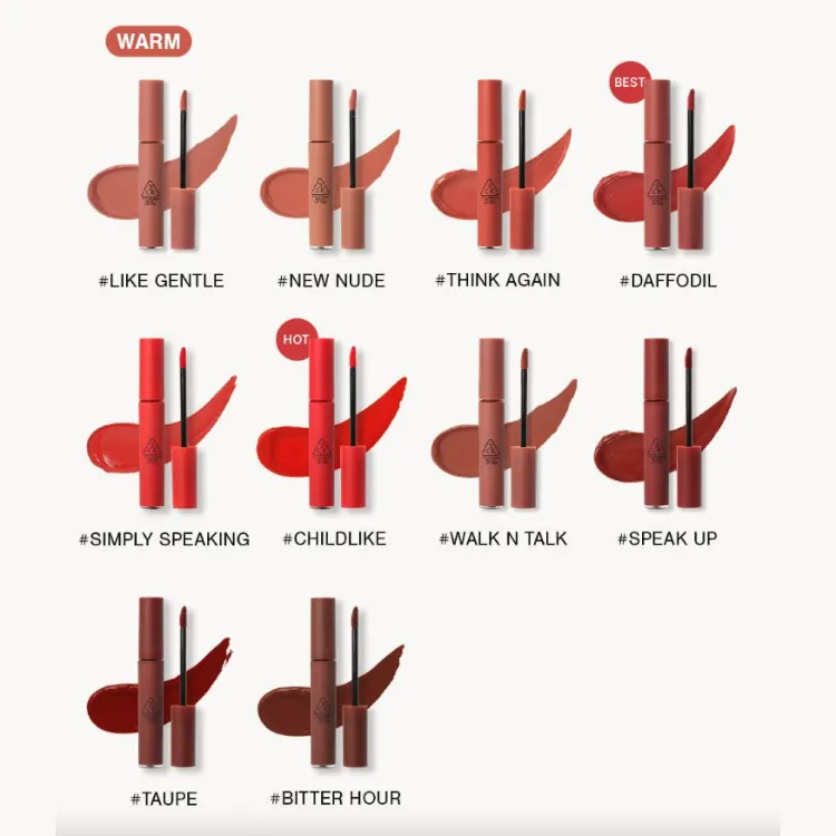 3CE Velvet Lip Tint (23 colors); 0.14oz / 4g
