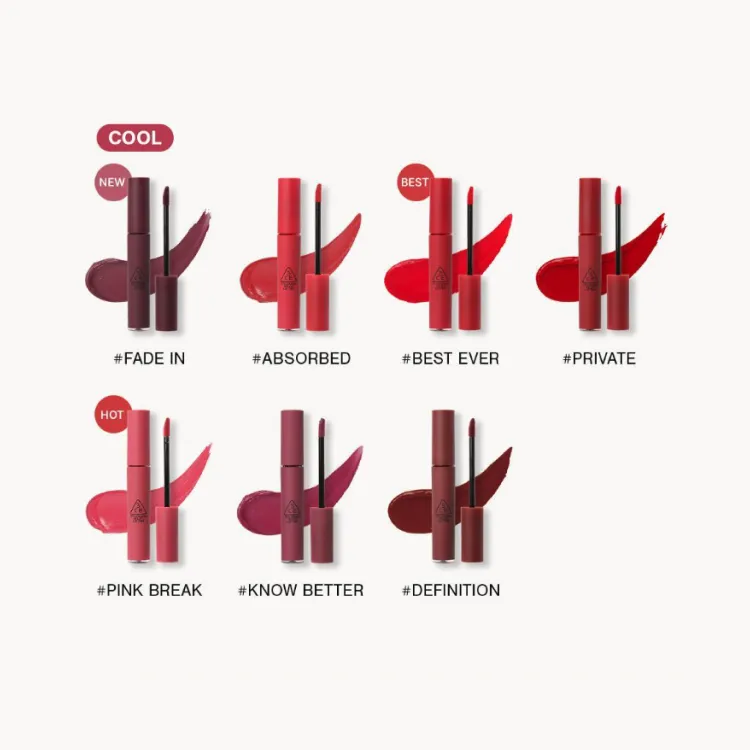 3CE Velvet Lip Tint (23 colors); 0.14oz / 4g