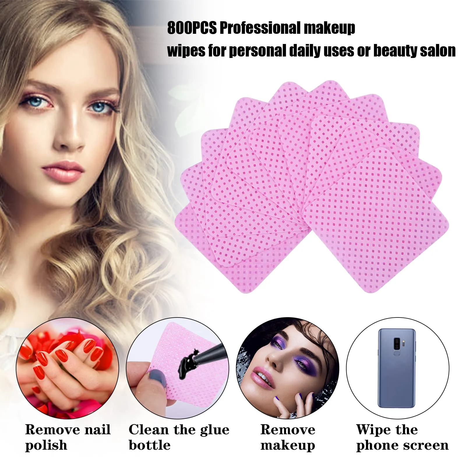 800PCS Lint Free Nail Wipes Removal Tool, Non-Woven Fabric Lash Glue Cleaner Pads for Eyelash Extension Supplies and Nail Polish Removers Pink