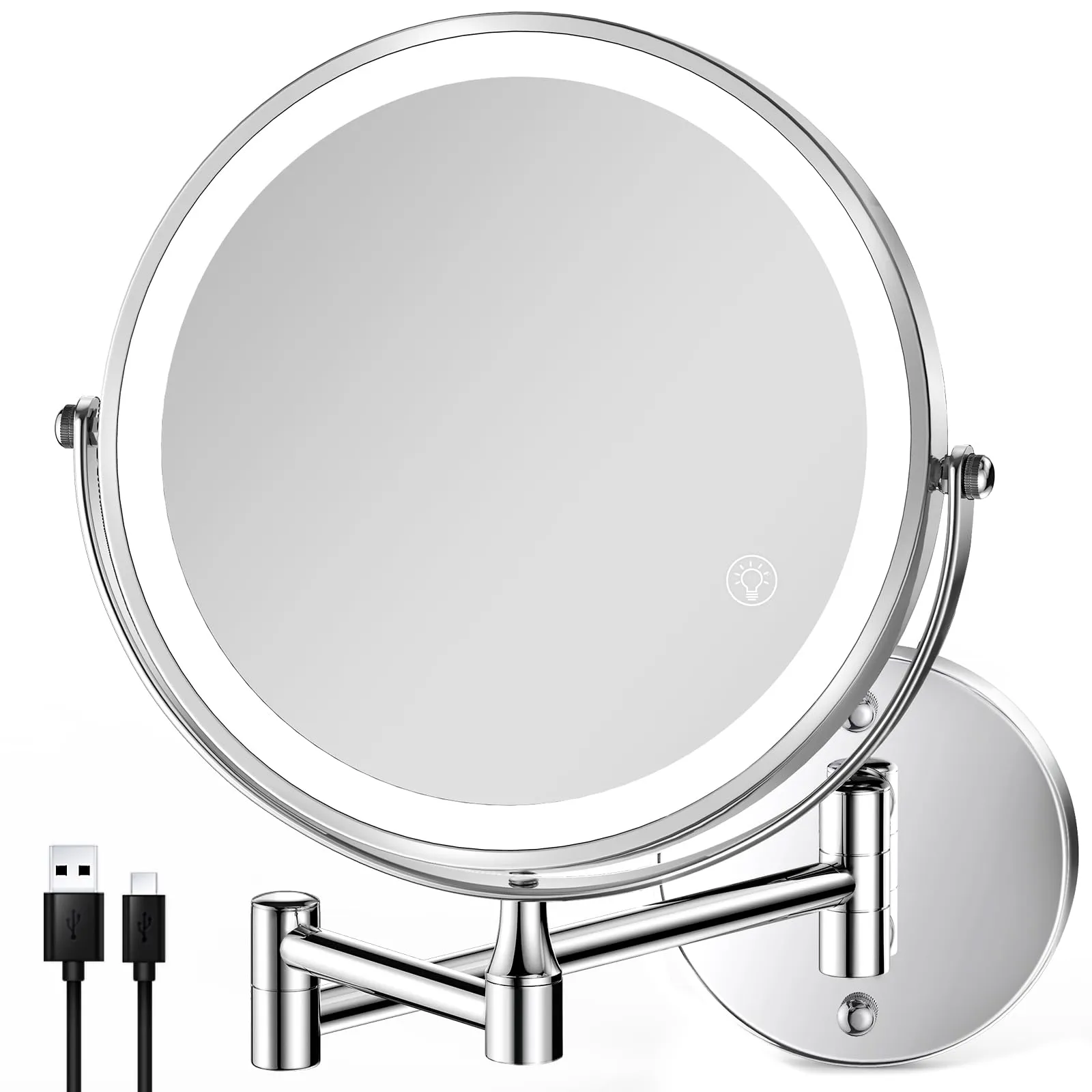 8.5 Inch Rechargeable Wall Mounted Lighted Makeup Mirror, Double-Sided 1X/10X LED Magnifying Vanity Mirror with Lights, 3 Color Lights Touch Screen Dimmable 360°Swivel 18 Inch Extendable - Chrome