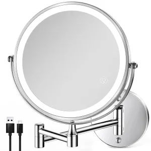 8.5 Inch Rechargeable Wall Mounted Lighted Makeup Mirror, Double-Sided 1X/10X LED Magnifying Vanity Mirror with Lights, 3 Color Lights Touch Screen Dimmable 360°Swivel 18 Inch Extendable - Chrome
