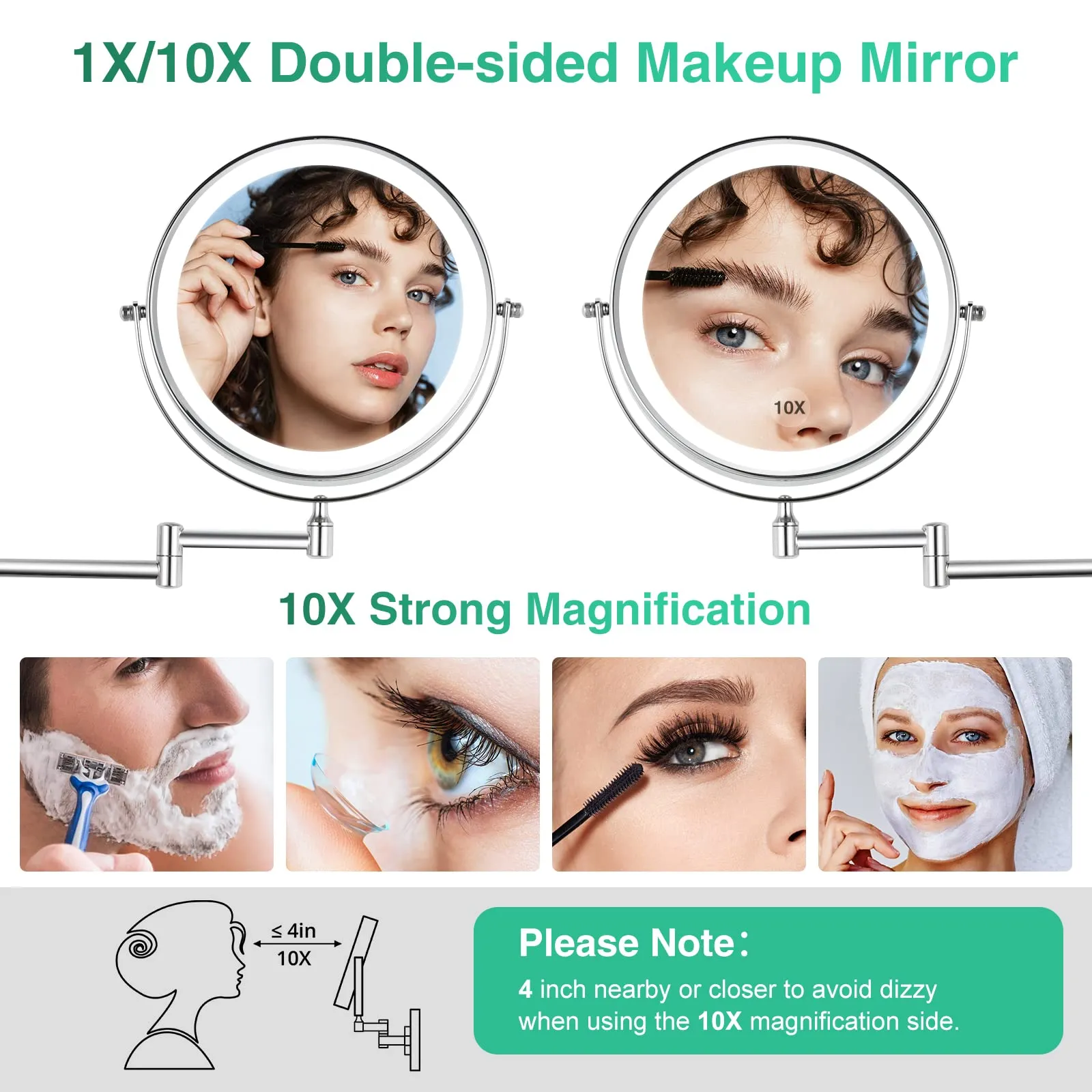 8.5 Inch Rechargeable Wall Mounted Lighted Makeup Mirror, Double-Sided 1X/10X LED Magnifying Vanity Mirror with Lights, 3 Color Lights Touch Screen Dimmable 360°Swivel 18 Inch Extendable - Chrome