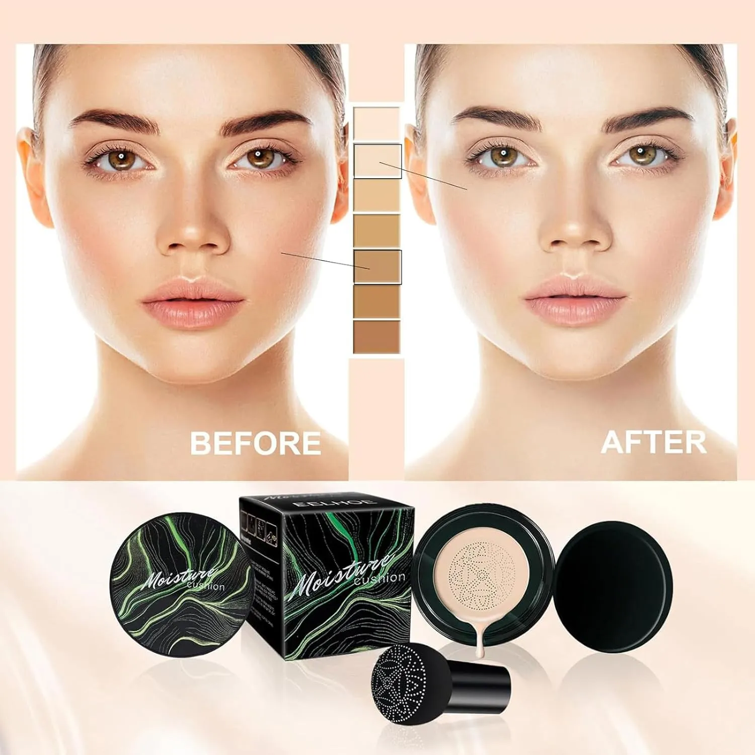 Air Cushion CC Cream Foundation, Mushroom Head Face Makeup Moisturizing Concealer, Waterproof Oil Control Long-Lasting, 3.53 Oz CC Cream Foundation for All Skin Types (Dark Brown, 3.52 oz)