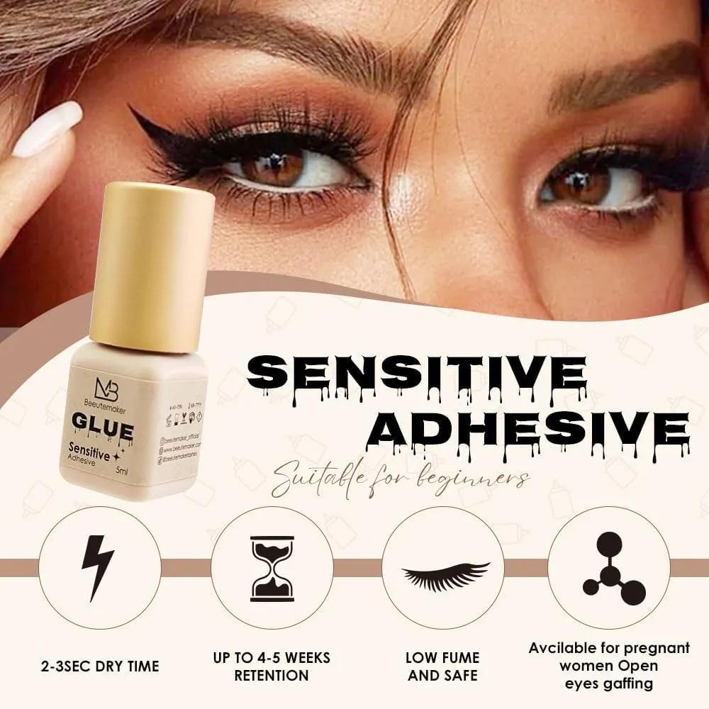 Beeutemaker Sensitive Adhesive Eyelash Extension Glue – 5ml/2-3s Drying Time/4-6 Weeks Retention/Hypoallergenic Black Lash Glue/Waterproof Lash Glue/Safe for Sensitive Eyes and Pregnant Women