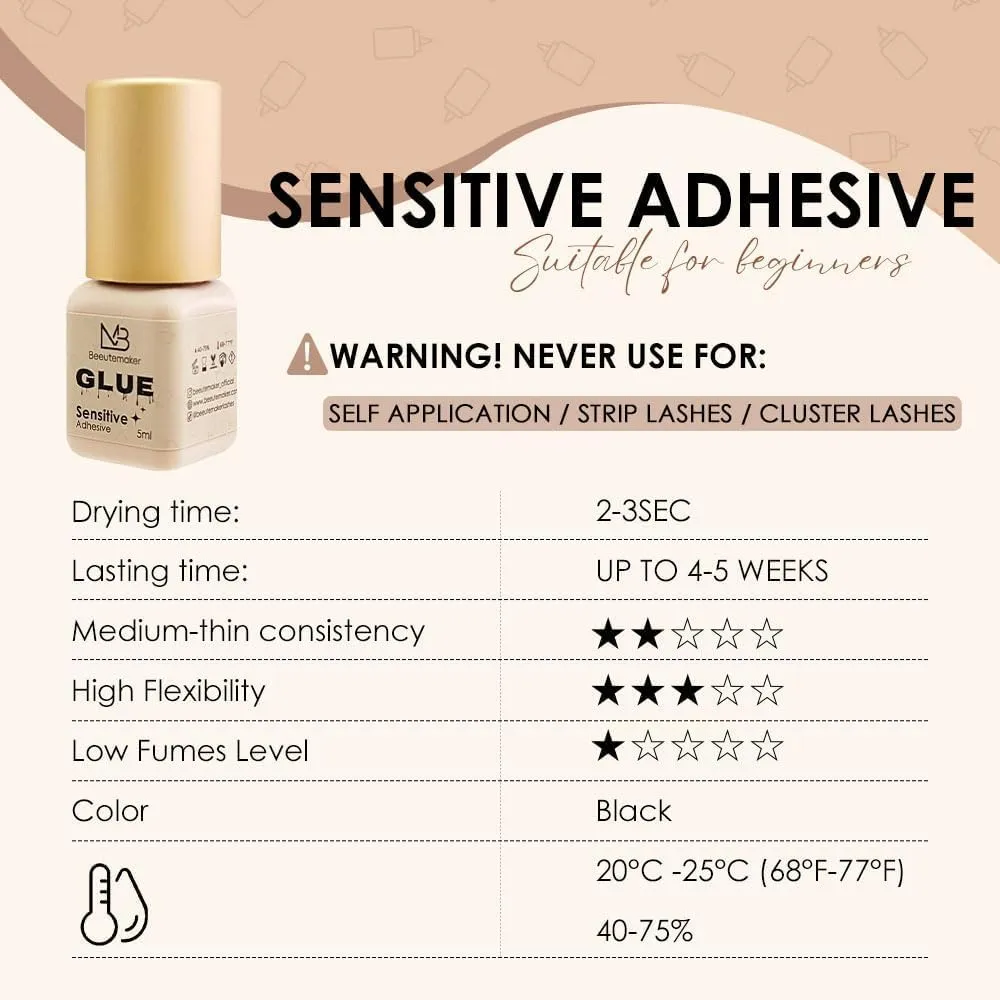 Beeutemaker Sensitive Adhesive Eyelash Extension Glue – 5ml/2-3s Drying Time/4-6 Weeks Retention/Hypoallergenic Black Lash Glue/Waterproof Lash Glue/Safe for Sensitive Eyes and Pregnant Women