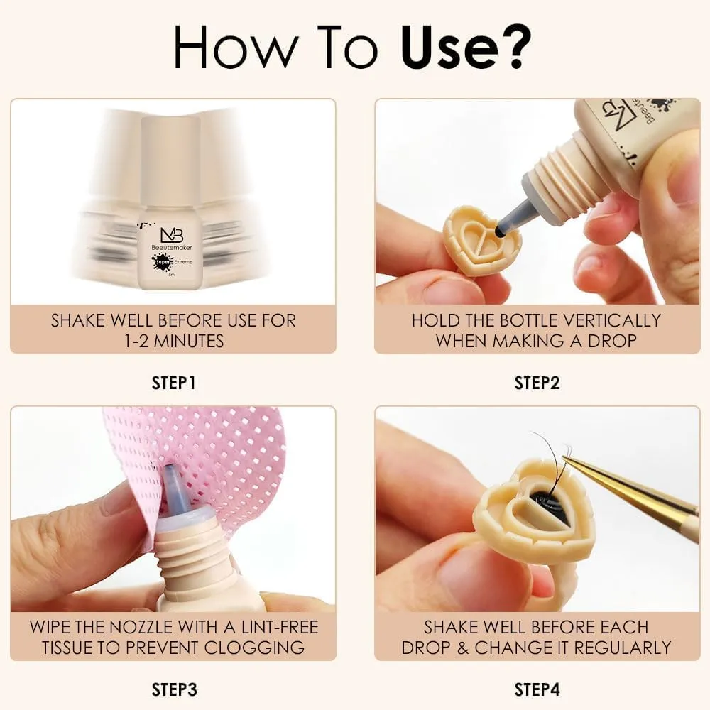 Beeutemaker Sensitive Adhesive Eyelash Extension Glue – 5ml/2-3s Drying Time/4-6 Weeks Retention/Hypoallergenic Black Lash Glue/Waterproof Lash Glue/Safe for Sensitive Eyes and Pregnant Women