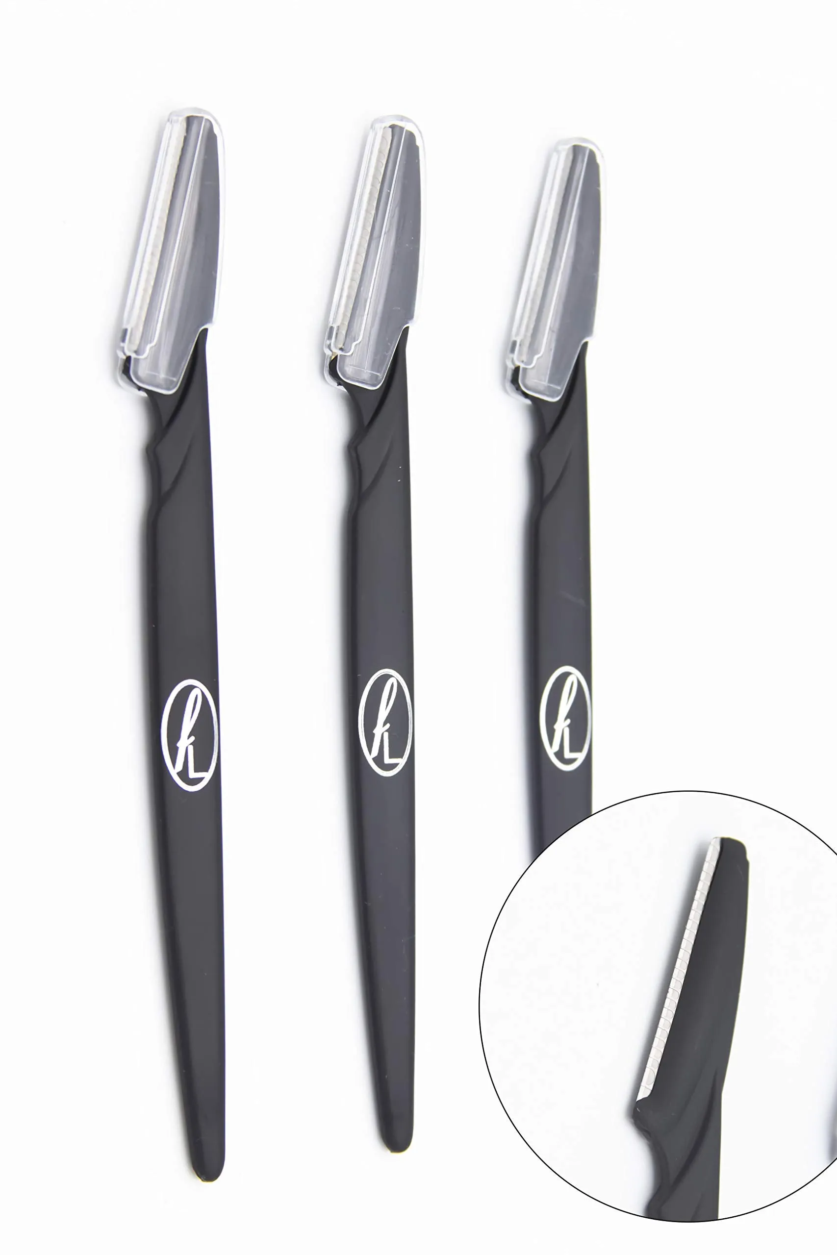 Black Eyebrow Razors by FineLines - Pack of 3 - Guarantee Included - Dermaplaning Blades for face – Shaver for Facial Hair – with Safety Covers – Shaper Remover Beauty – Cosmetic Exfoliating Makeup Pack of 3 - Black