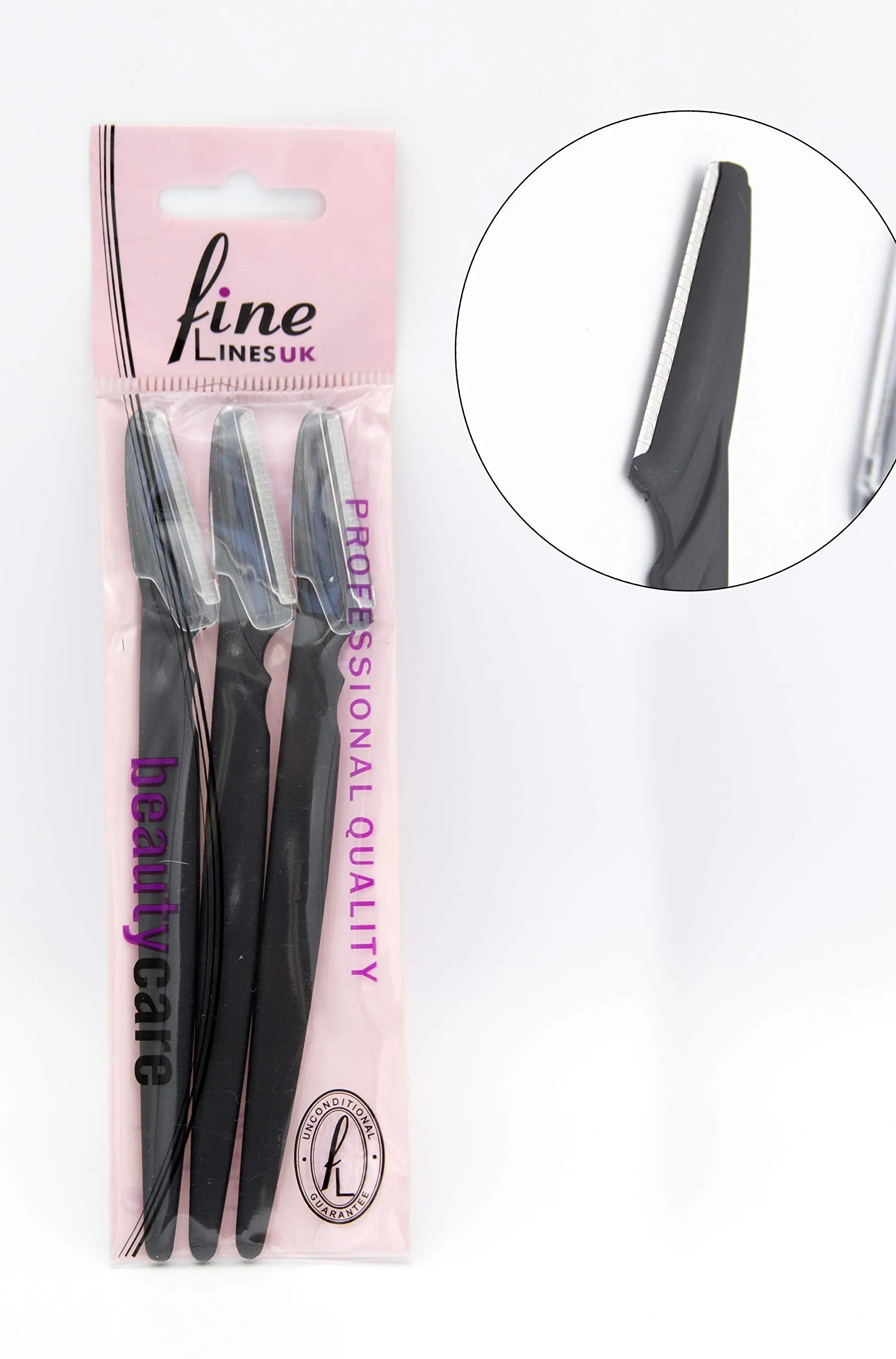 Black Eyebrow Razors by FineLines - Pack of 3 - Guarantee Included - Dermaplaning Blades for face – Shaver for Facial Hair – with Safety Covers – Shaper Remover Beauty – Cosmetic Exfoliating Makeup Pack of 3 - Black