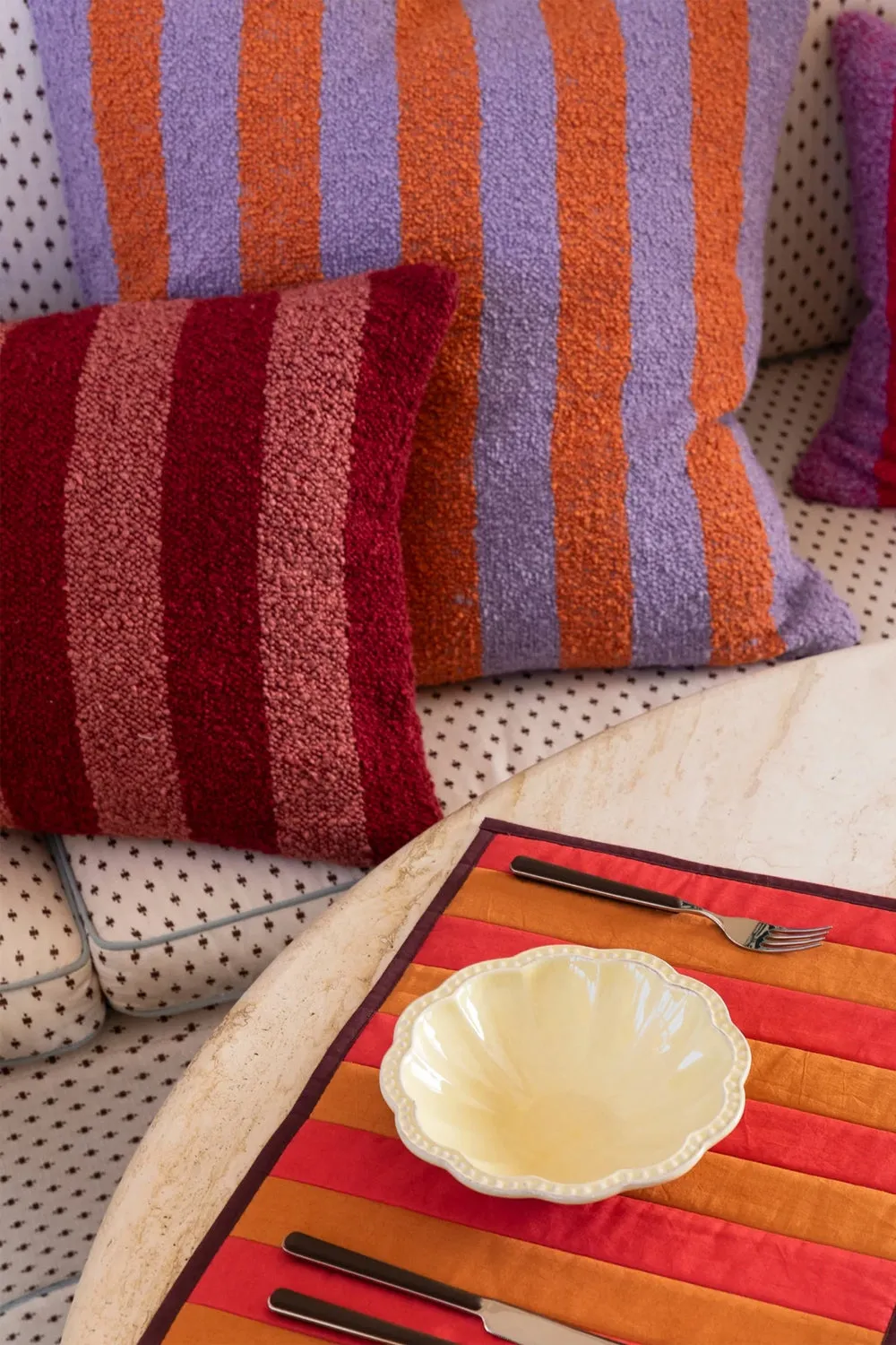 BONNIE AND NEIL BOUCLE STRIPE ORANGE LILAC CUSHION 60CM