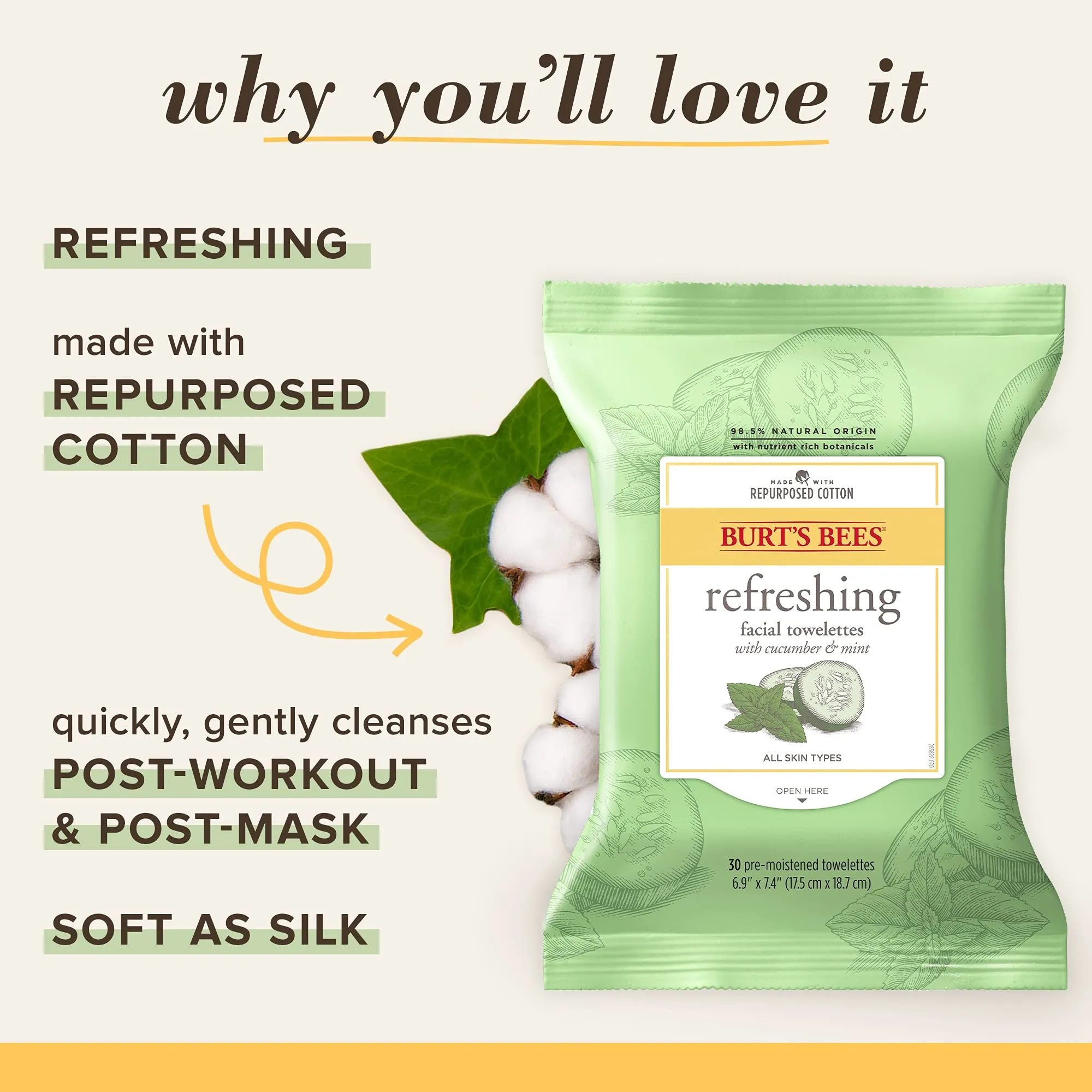 Burt's Bees Refreshing Facial Cleanser Towelettes and Makeup Remover Wipes for All Skin Types with Cucumber & Mint Made with Repurposed Cotton, 30 Count