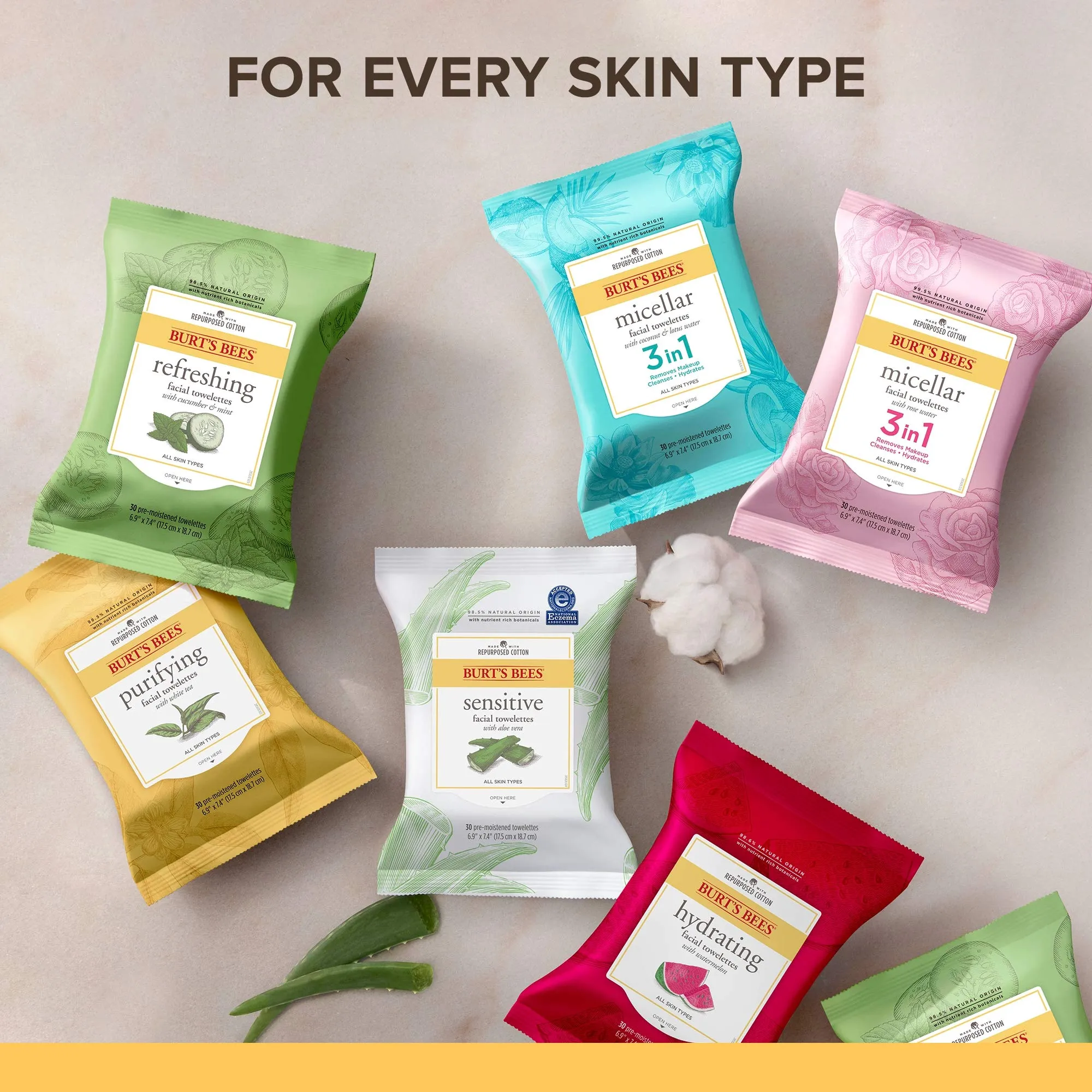 Burt's Bees Refreshing Facial Cleanser Towelettes and Makeup Remover Wipes for All Skin Types with Cucumber & Mint Made with Repurposed Cotton, 30 Count