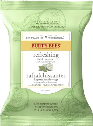 Burt's Bees Refreshing Facial Cleanser Towelettes and Makeup Remover Wipes for All Skin Types with Cucumber & Mint Made with Repurposed Cotton, 30 Count