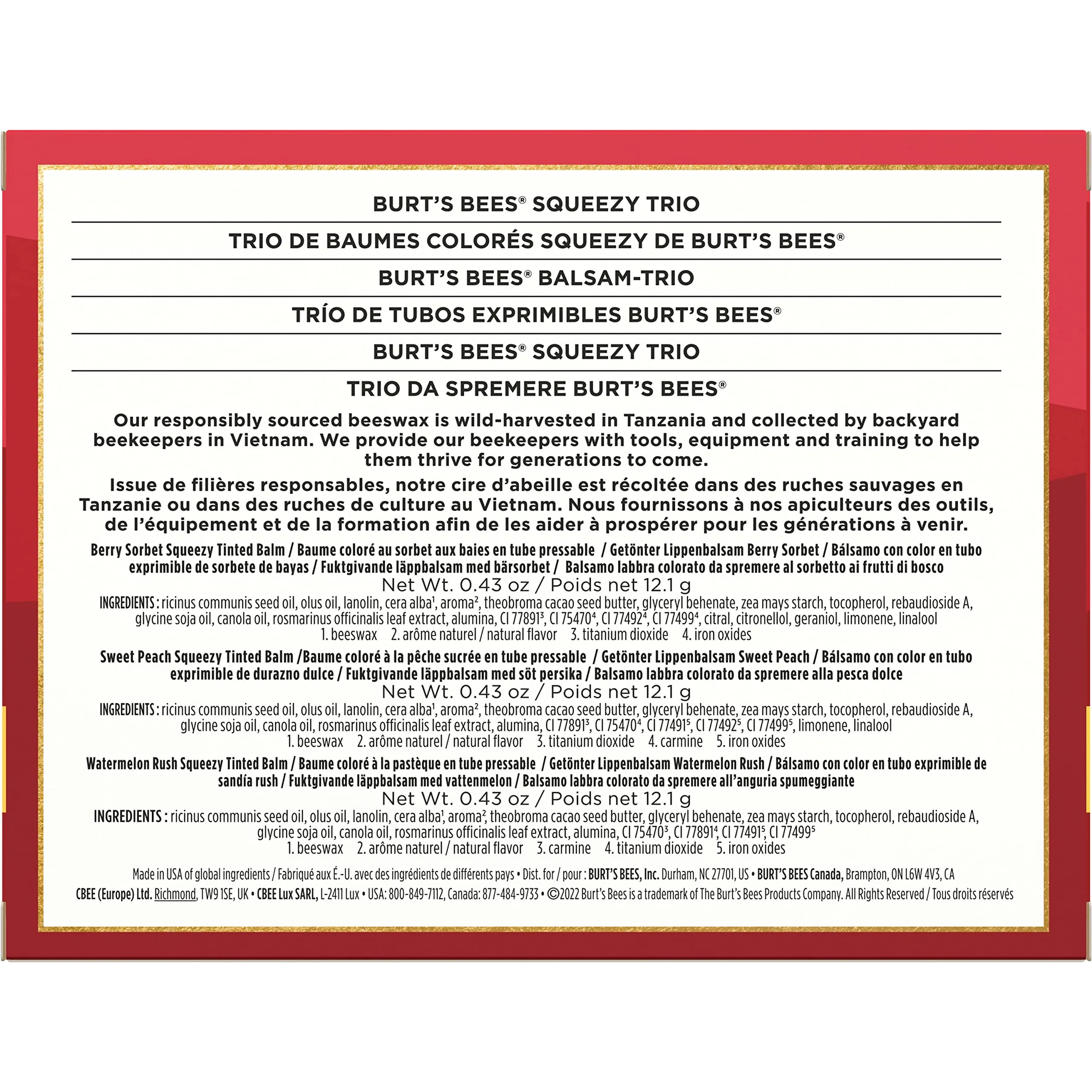 Burt's Bees Squeezy Trio Squeezy Tinted Balm with Berry Sorbet, Sweet Peach, Watermelon Rush, Holiday Gift