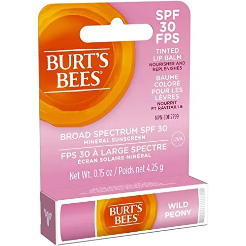 Burt’s Bees Tinted Lip Balm, SPF 30 100% Natural Origin Mineral Sunscreen, Wild Peony, Mother's Day Gift, 1 Tube in Blister Box