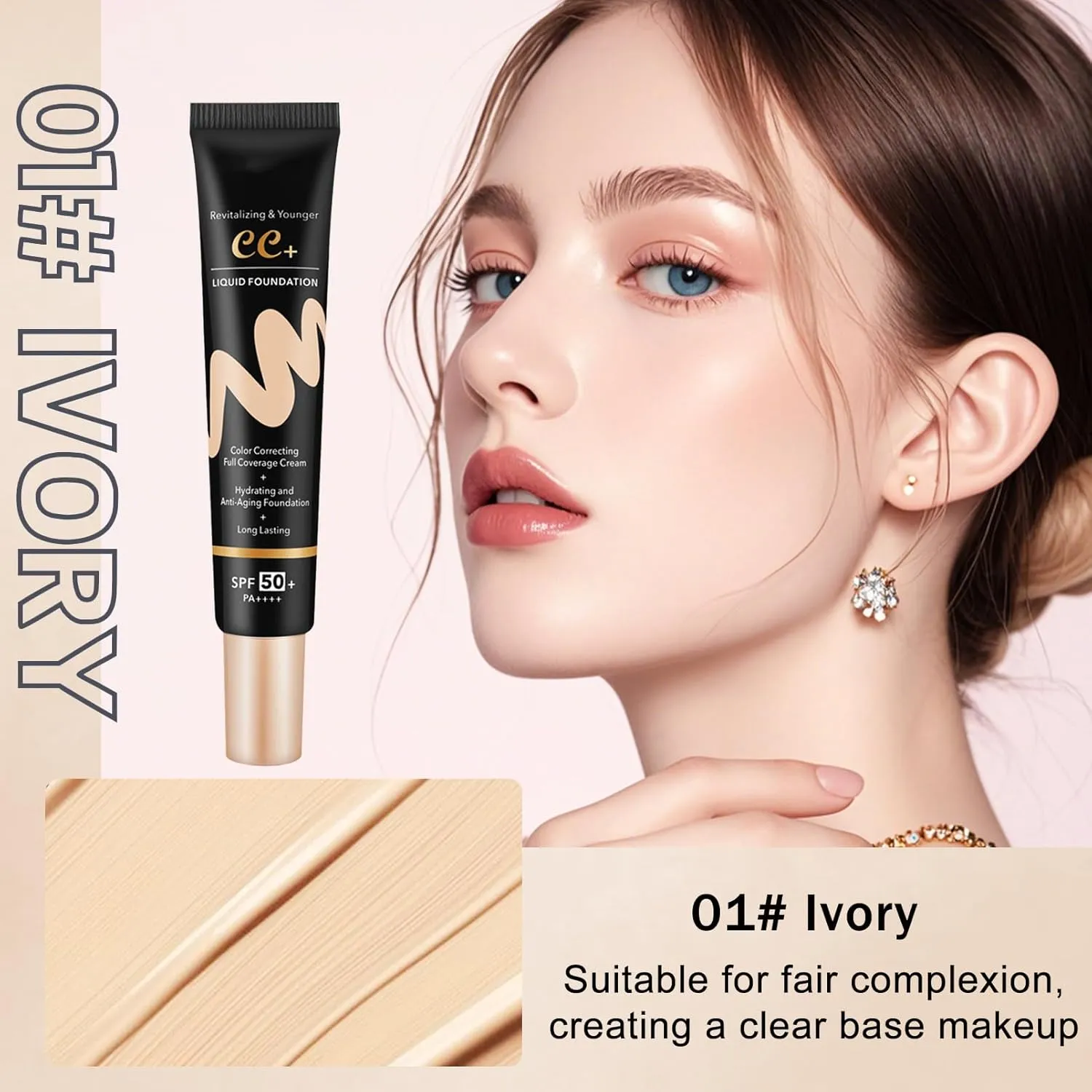 CC Cream with SPF 50  with Brush, Waterproof Flawless Concealer Full Coverage BB Cream for All Skin Types, Lightweight Powder Foundation Full Coverage, Pre-makeup Primer Refine Skin Texture (Ivory)