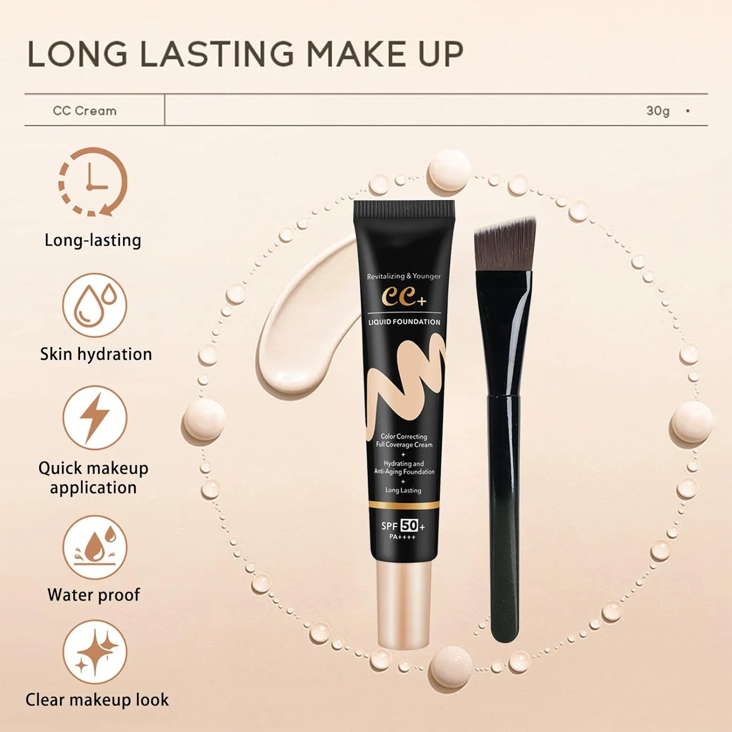 CC Cream with SPF 50  with Brush, Waterproof Flawless Concealer Full Coverage BB Cream for All Skin Types, Lightweight Powder Foundation Full Coverage, Pre-makeup Primer Refine Skin Texture (Ivory)
