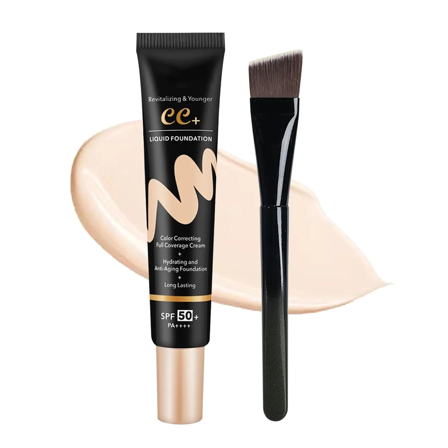 CC Cream with SPF 50  with Brush, Waterproof Flawless Concealer Full Coverage BB Cream for All Skin Types, Lightweight Powder Foundation Full Coverage, Pre-makeup Primer Refine Skin Texture (Ivory)