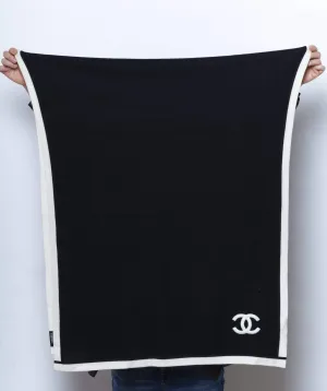 Chanel black cashmere shawl with cream trimming
