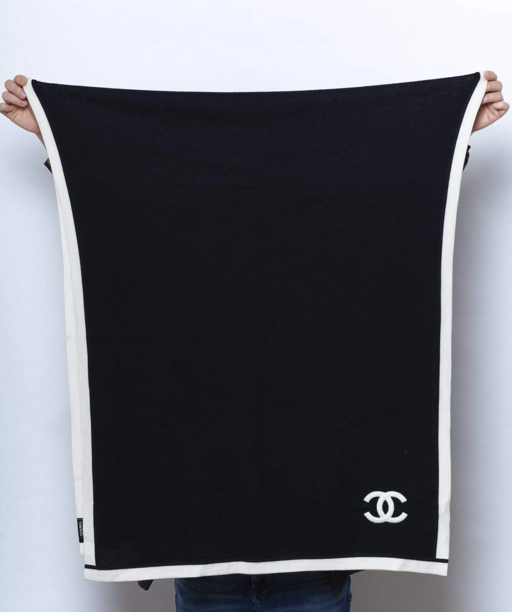 Chanel black cashmere shawl with cream trimming