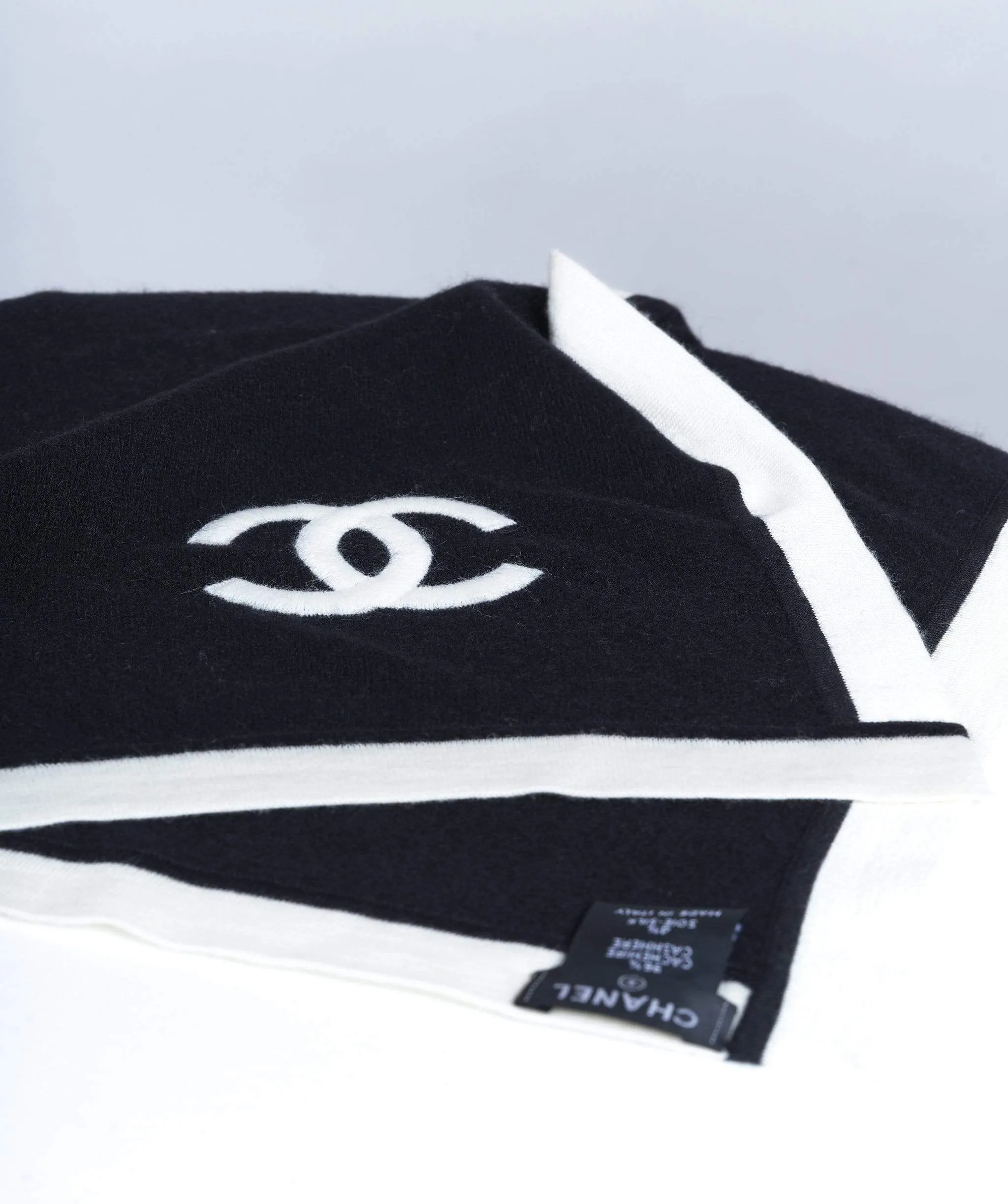 Chanel black cashmere shawl with cream trimming