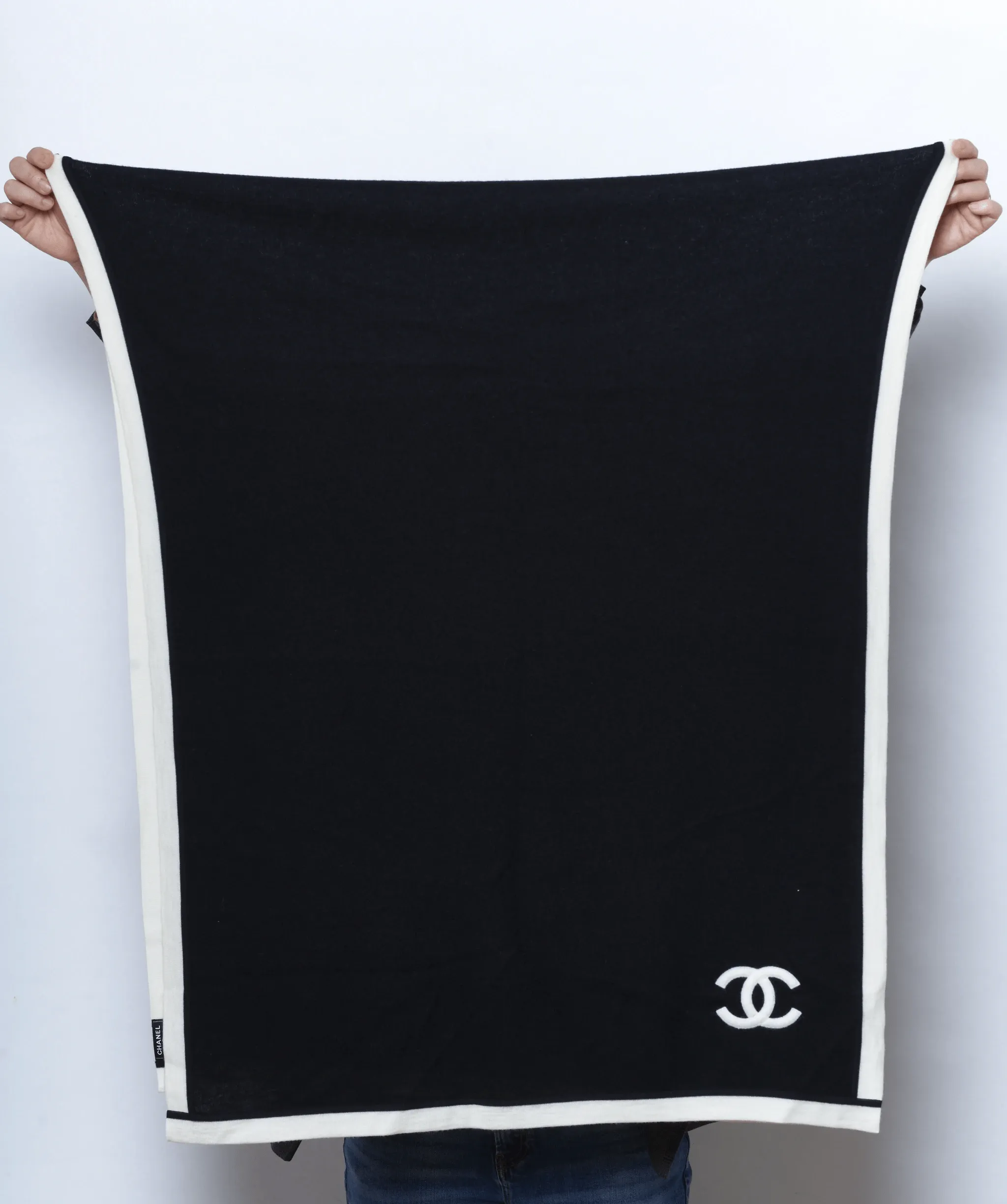 Chanel black cashmere shawl with cream trimming