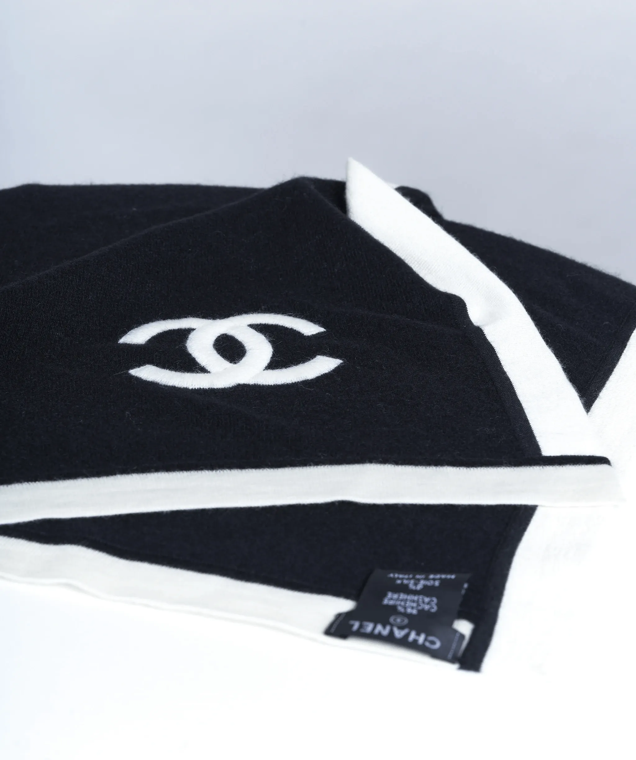 Chanel black cashmere shawl with cream trimming