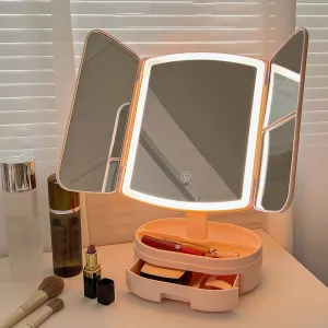 cirea Makeup Mirror, 270° Rotation Vanity Mirror with Lights，1200AH Battery Capacity,2 Color Vanity Mirror 1X2X3X Magnification, 10.2 * 7.8 * 1.1 inch (Drawer style - pink)