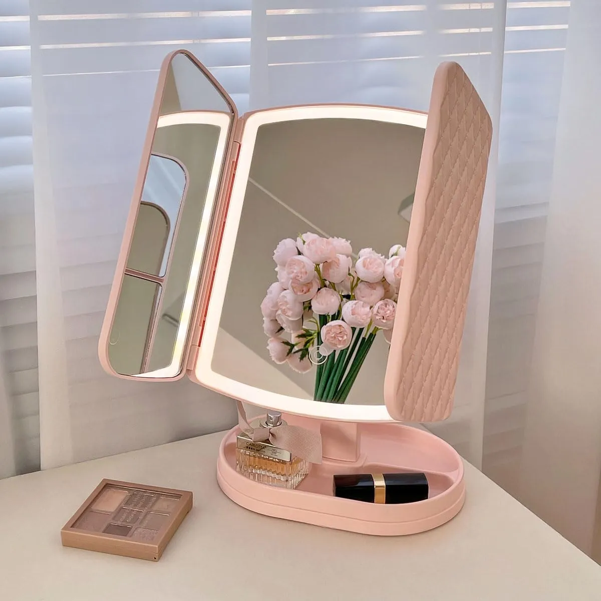 cirea Makeup Mirror, 270° Rotation Vanity Mirror with Lights，1200AH Battery Capacity,2 Color Vanity Mirror 1X2X3X Magnification, 10.2 * 7.8 * 1.1 inch (Drawer style - pink)
