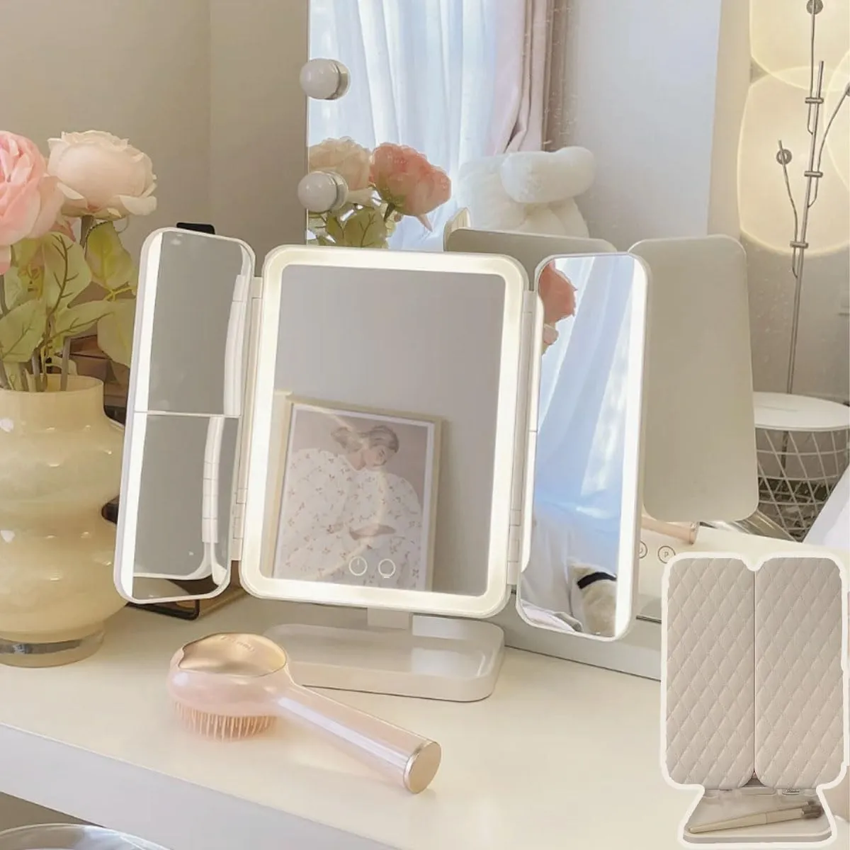 cirea Makeup Mirror, 270° Rotation Vanity Mirror with Lights，1200AH Battery Capacity,2 Color Vanity Mirror 1X2X3X Magnification, 10.2 * 7.8 * 1.1 inch (Drawer style - pink)