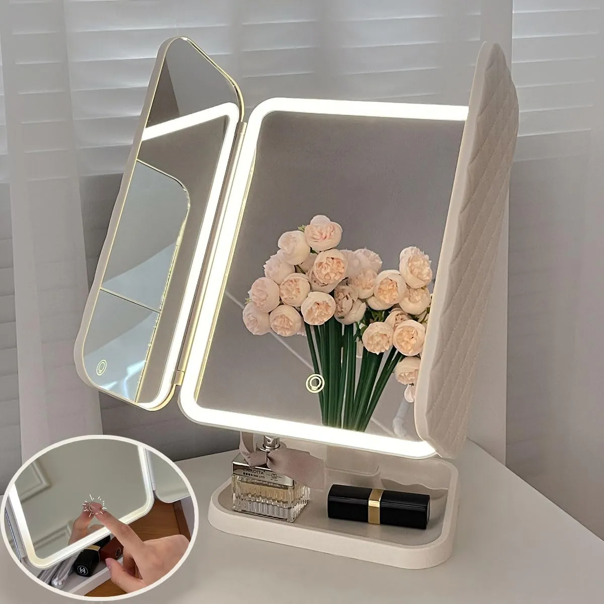 cirea Makeup Mirror, 270° Rotation Vanity Mirror with Lights，1200AH Battery Capacity,2 Color Vanity Mirror 1X2X3X Magnification, 10.2 * 7.8 * 1.1 inch (Drawer style - pink)