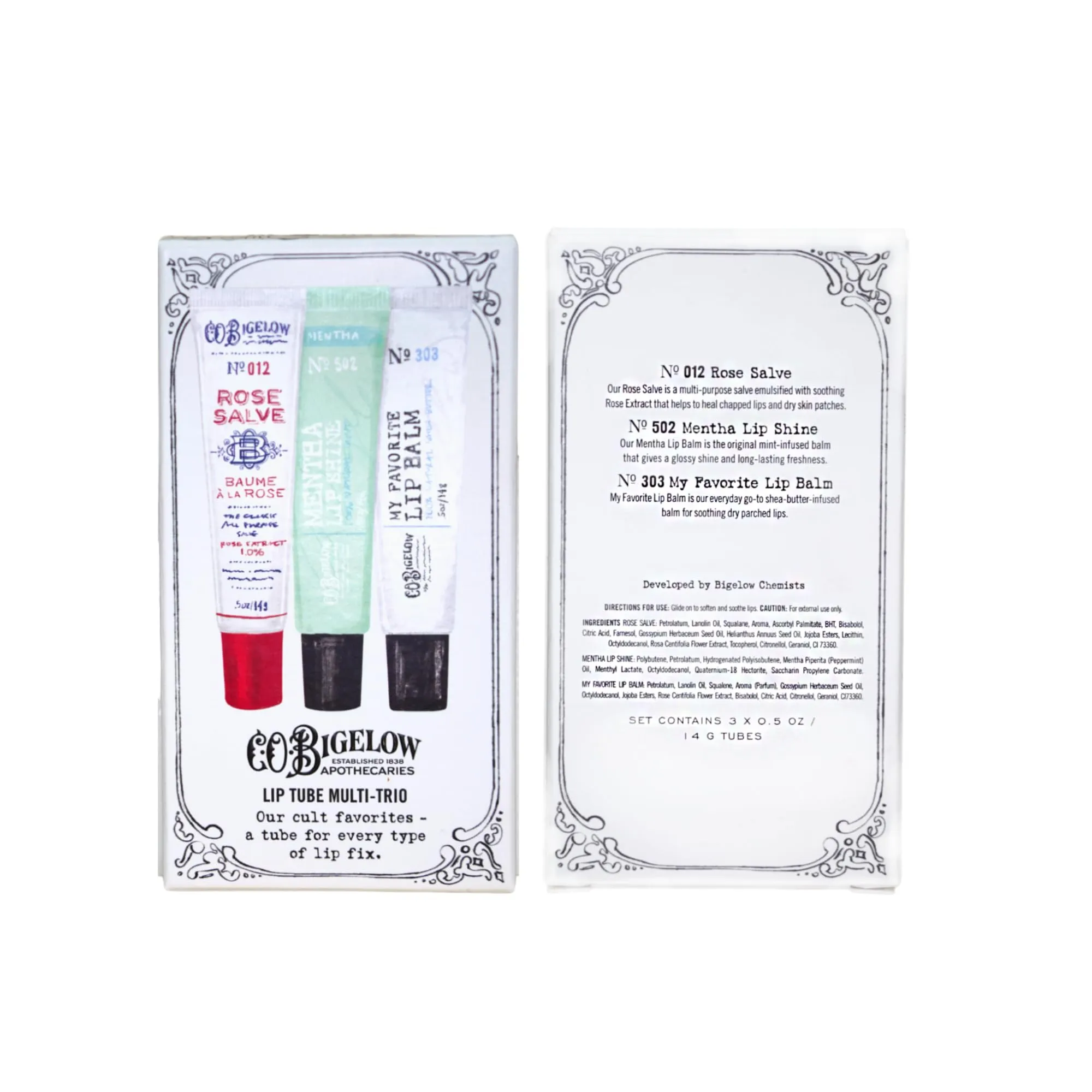 C.O. Bigelow Lip Balm Tube Trio, Variety Pack includes Rose Salve, My Favorite Lip Balm, Mentha Lip Shine, Moisturizing Lip Balms, 3 Pack, 0.5 oz Each
