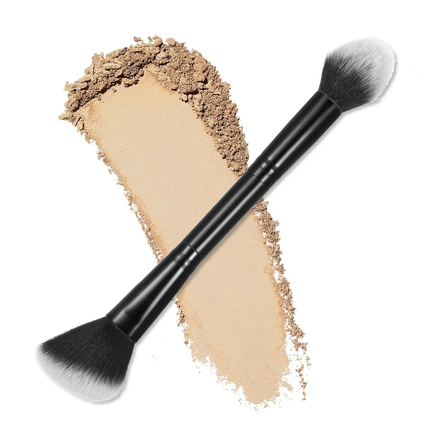 Contour Brush, Double Ended Kabuki Foundation Brush Multi-functional Flat/Angled Round Top Bronzer Brushes for Blending Liquid Powder Concealer Cream (Black)