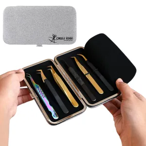 Cross Edge Corporation Empty Glittery Eyelash Extension Tweezers Storage Case Multipurpose Portable lash Tweezers Magnetic Box Hold 6 Tweezers - Keep Your Beloved Lash Tweezers Safe & Secure (Silver)