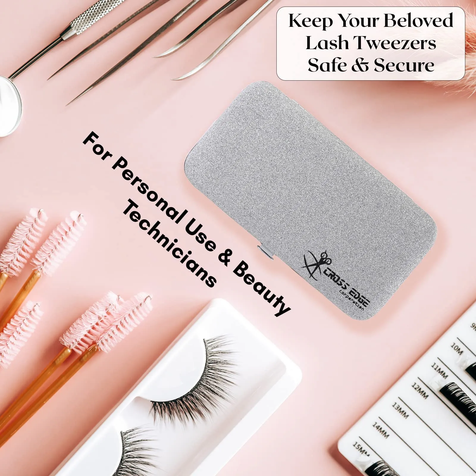 Cross Edge Corporation Empty Glittery Eyelash Extension Tweezers Storage Case Multipurpose Portable lash Tweezers Magnetic Box Hold 6 Tweezers - Keep Your Beloved Lash Tweezers Safe & Secure (Silver)