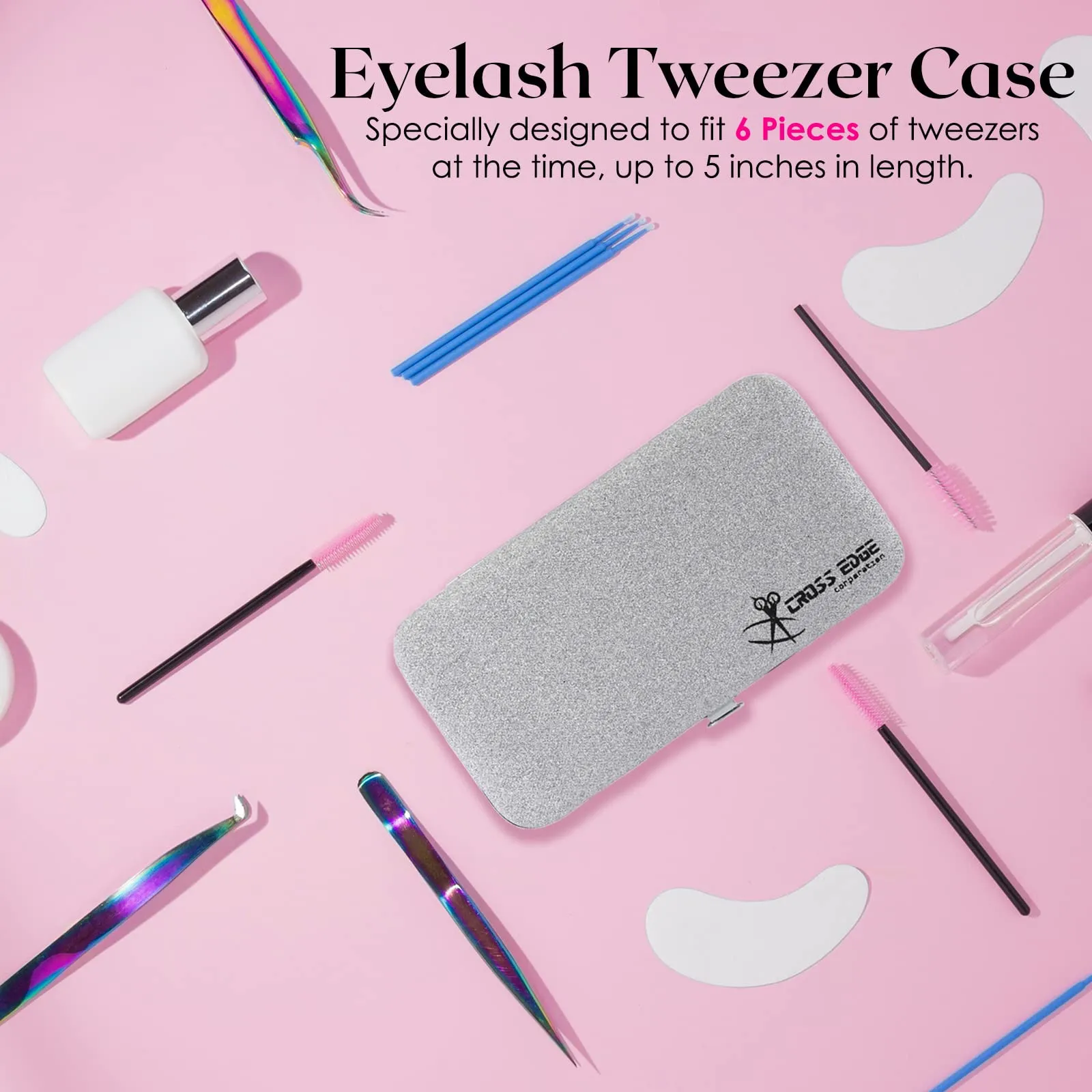Cross Edge Corporation Empty Glittery Eyelash Extension Tweezers Storage Case Multipurpose Portable lash Tweezers Magnetic Box Hold 6 Tweezers - Keep Your Beloved Lash Tweezers Safe & Secure (Silver)