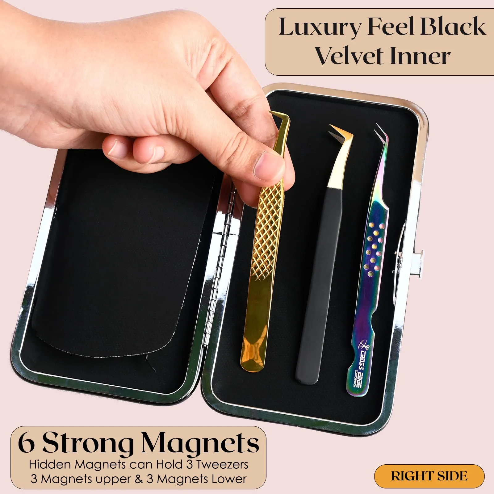 Cross Edge Corporation Empty Glittery Eyelash Extension Tweezers Storage Case Multipurpose Portable lash Tweezers Magnetic Box Hold 6 Tweezers - Keep Your Beloved Lash Tweezers Safe & Secure (Silver)