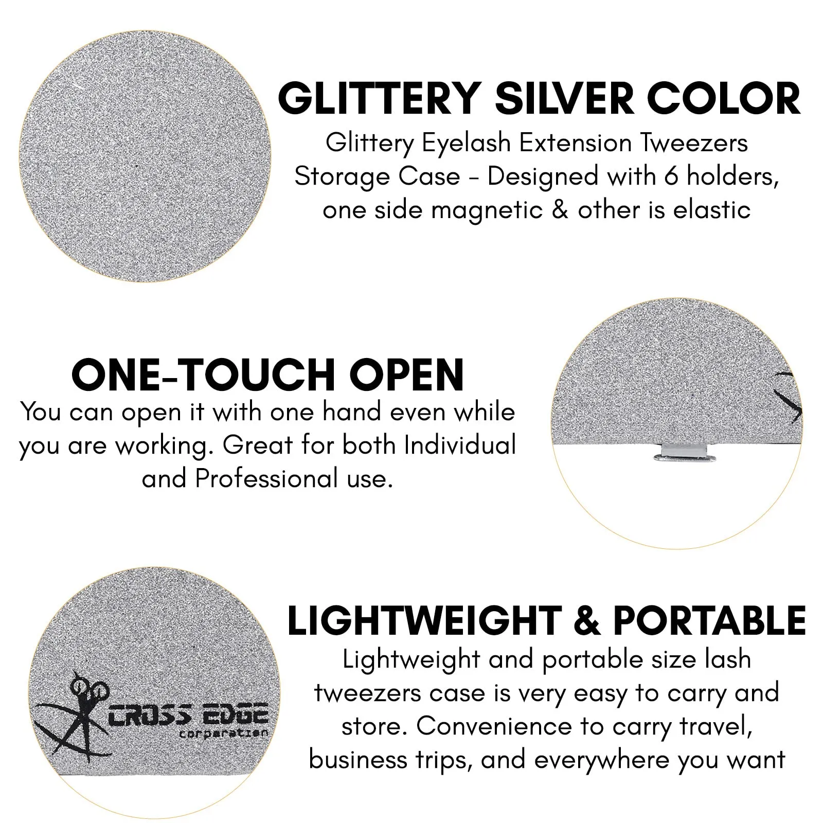 Cross Edge Corporation Empty Glittery Eyelash Extension Tweezers Storage Case Multipurpose Portable lash Tweezers Magnetic Box Hold 6 Tweezers - Keep Your Beloved Lash Tweezers Safe & Secure (Silver)