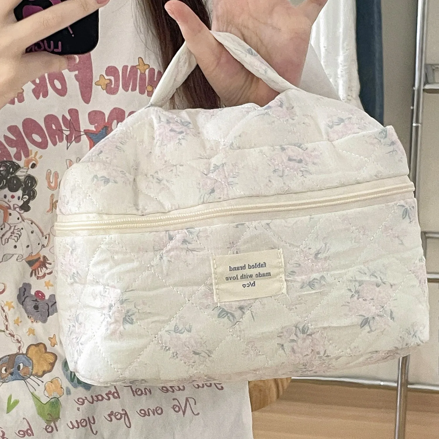 Cute Blue Retro Floral Rose Cat Quilted cotton Large Handle Makeup Bag, Large Capacity Makeup Bag
