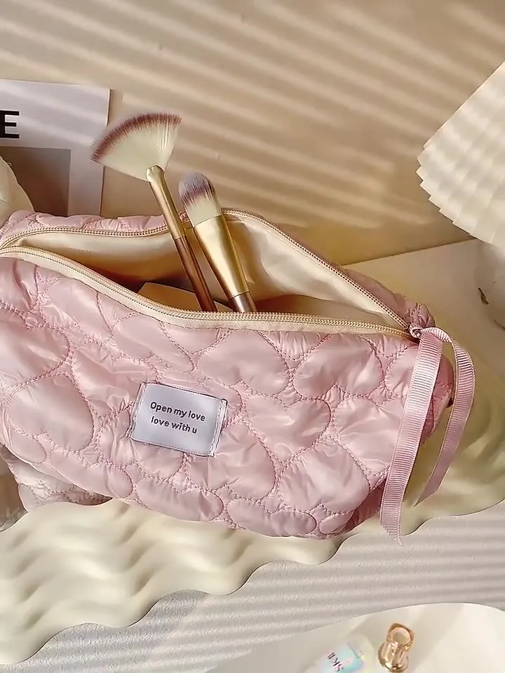 Cute Pink White Love Hearts Soft Quilted cotton Bridesmaid Makeup Bag, Large Capacity Makeup Bag
