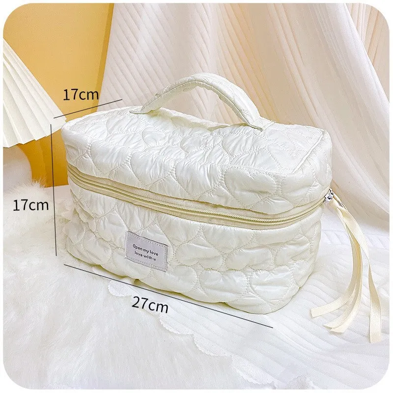 Cute Pink White Love Hearts Soft Quilted cotton Bridesmaid Makeup Bag, Large Capacity Makeup Bag