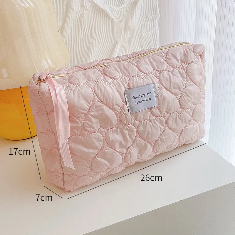 Cute Pink White Love Hearts Soft Quilted cotton Bridesmaid Makeup Bag, Large Capacity Makeup Bag
